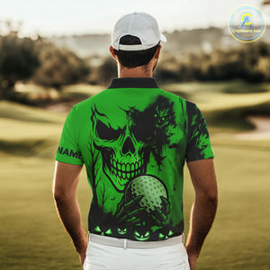 Custom Skull Golf Polo Shirts For Men Halloween Golf Outfits, personalized golf gifts | Green NQS10660
