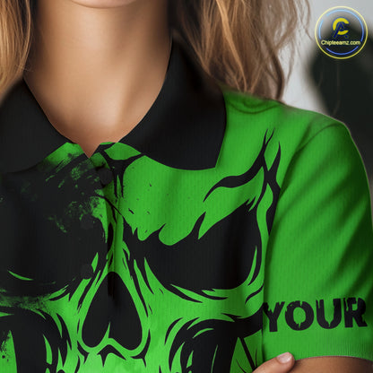 Custom Skull Golf Polo Shirts For Women Halloween Golf Outfits, personalized golf gifts | Green NQS10660