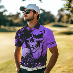 Custom Skull Golf Polo Shirts For Men Halloween Golf Outfits, personalized golf gifts | Purple NQS10661