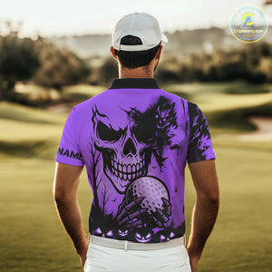 Custom Skull Golf Polo Shirts For Men Halloween Golf Outfits, personalized golf gifts | Purple NQS10661