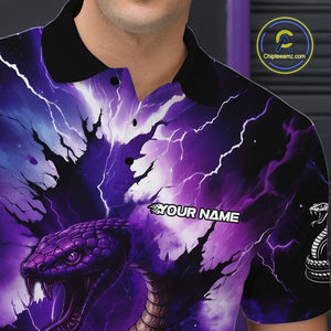 Custom Black And Purple Thunder Lightning Cobra Snake Bowling Men Polo, Quarter Zip Shirts For Team NQS10670