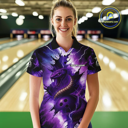 Custom Black And Purple Thunder Lightning Cobra Snake Bowling Women Polo, Quarter Zip Shirts For Team NQS10670