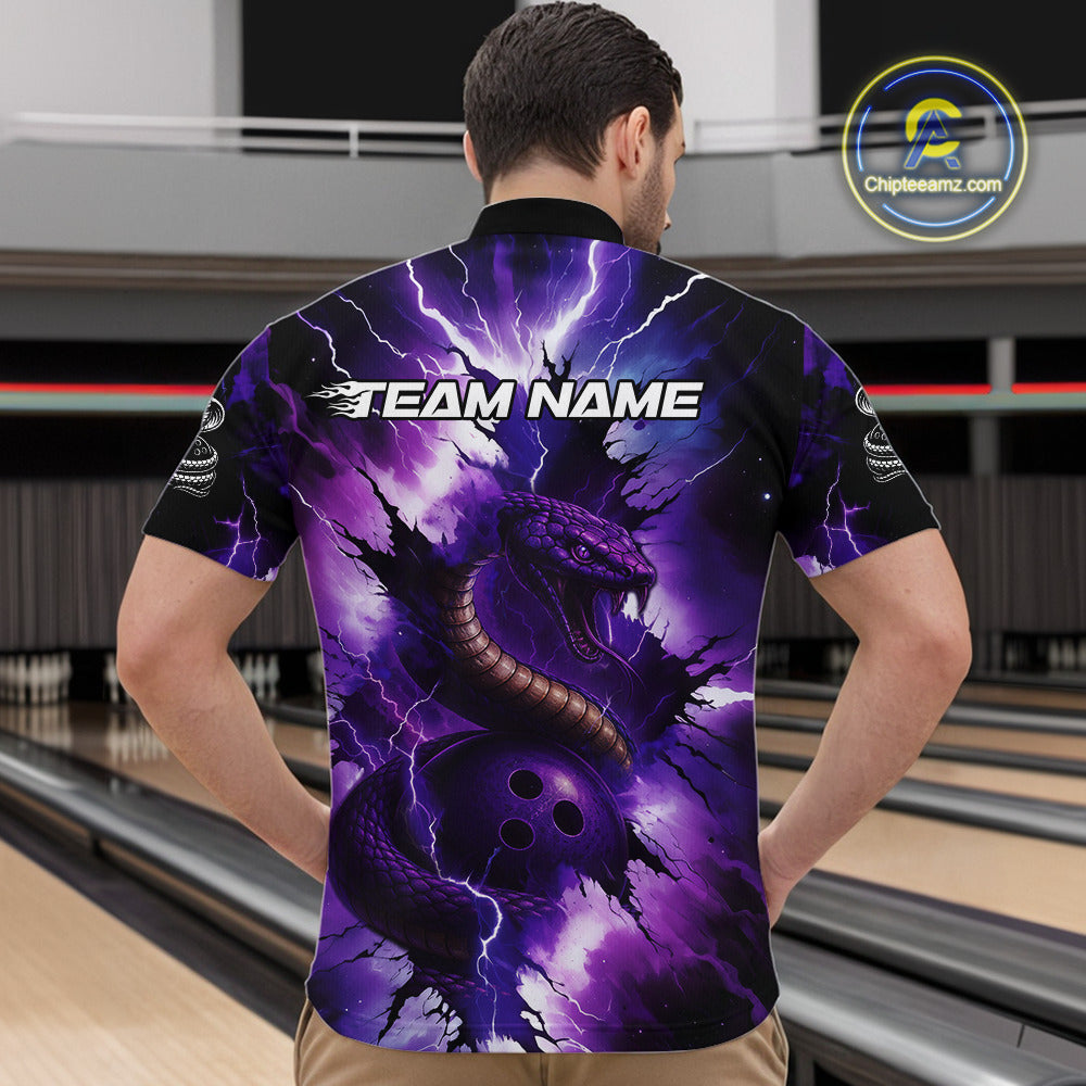 Custom Black And Purple Thunder Lightning Cobra Snake Bowling Men Polo, Quarter Zip Shirts For Team NQS10670