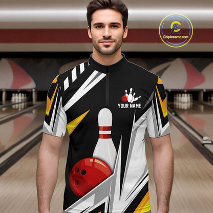 Black, White and Gold Men's bowling Polo, Quarter Zip shirts Custom Team bowling league jerseys NQS11264