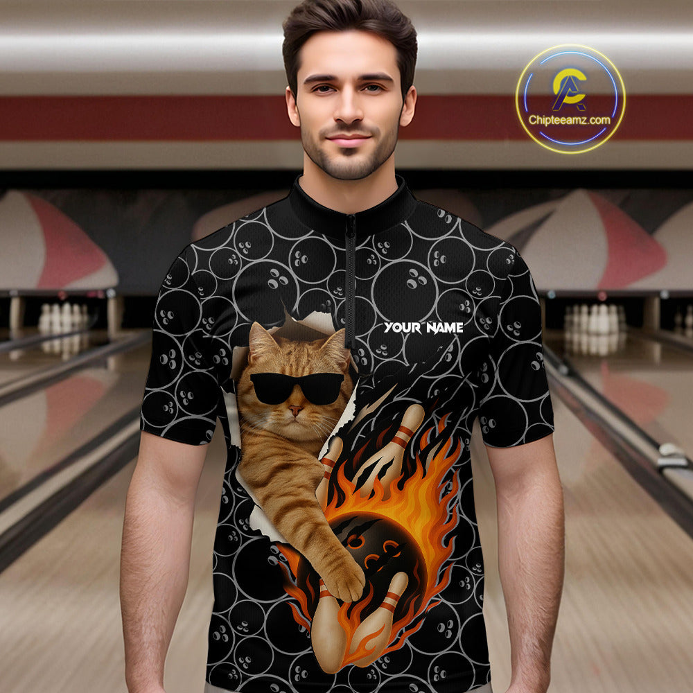 Custom Funny Cat Bowling shirts for men, black camo flame cool bowling uniform for team bowlers NQS11074