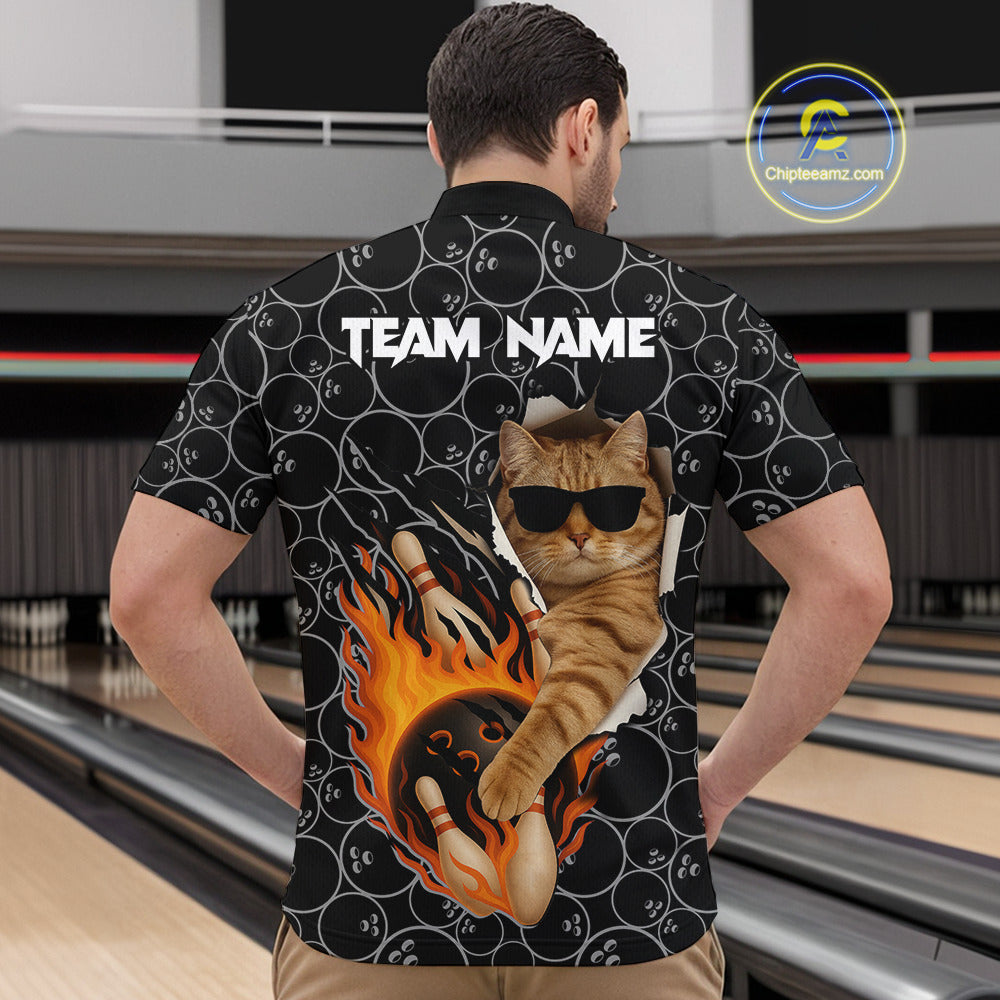 Custom Funny Cat Bowling shirts for men, black camo flame cool bowling uniform for team bowlers NQS11074