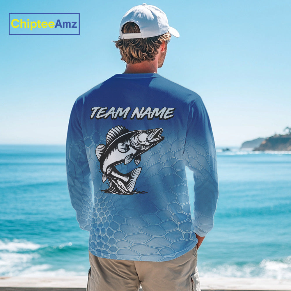 Blue Camo Walleye fishing sun shirts custom name Walleye fishing jerseys for men, women NQS11271