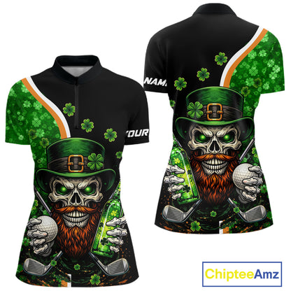 Green shamrock pattern St Patrick Skull Golf and Beer Polo shirts for Women Custom ladies golf tops NQS11483