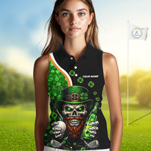 Load image into Gallery viewer, Green shamrock pattern St Patrick Skull Golf and Beer Sleeveless golf tops Custom ladies golf outfit NQS11483