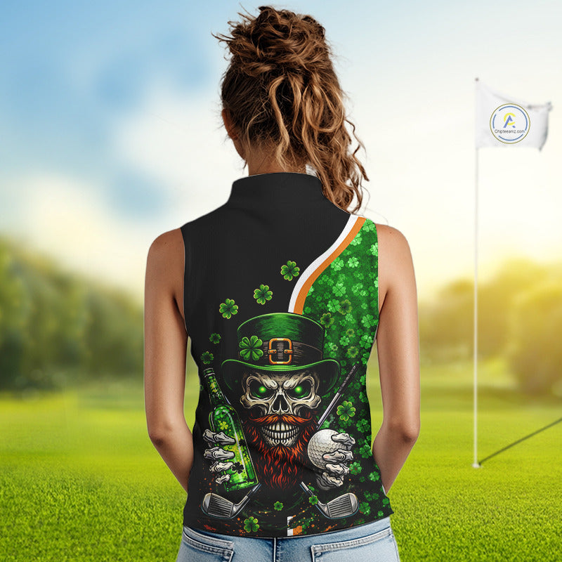 Green shamrock pattern St Patrick Skull Golf and Beer Sleeveless golf tops Custom ladies golf outfit NQS11483