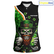 Load image into Gallery viewer, Green shamrock pattern St Patrick Skull Golf and Beer Sleeveless golf tops Custom ladies golf outfit NQS11483