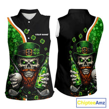 Load image into Gallery viewer, Green shamrock pattern St Patrick Skull Golf and Beer Sleeveless golf tops Custom ladies golf outfit NQS11483