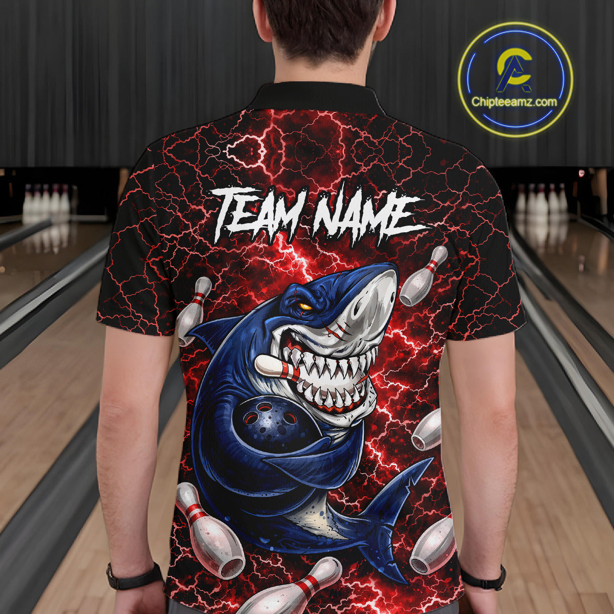 Red Lightning Thunder Angry Shark Bowling shirts For Men Custom Shark Bowling Team Jerseys NQS11756