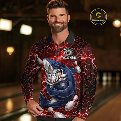 Red Lightning Thunder Angry Shark Bowling shirts For Men Custom Shark Bowling Team Jerseys NQS11756