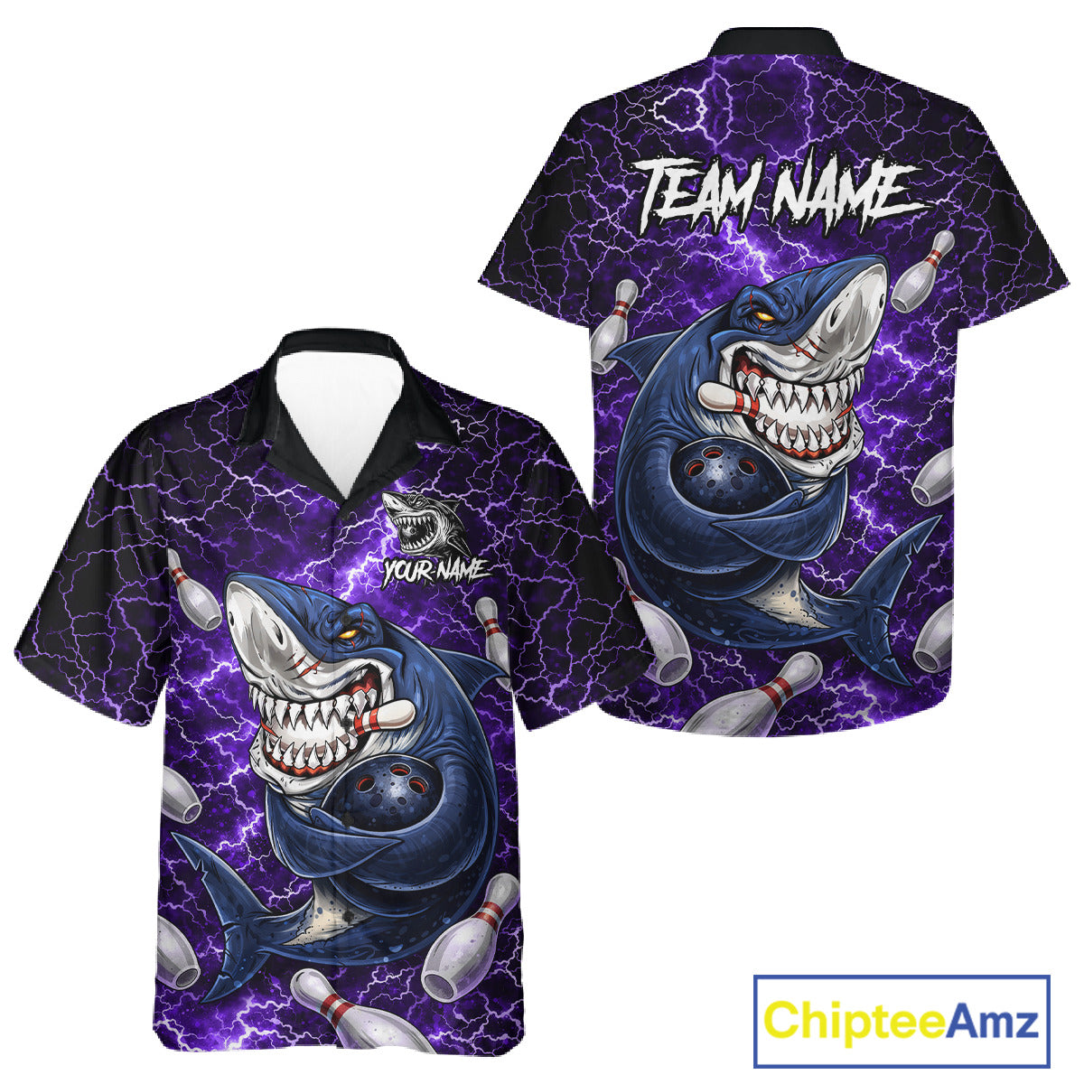 Purple Lightning Thunder Angry Shark Bowling button-up shirts Custom Shark Hawaiian Bowling Jersey NQS11757