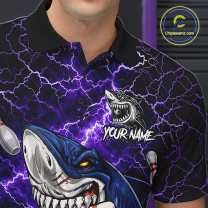 Purple Lightning Thunder Angry Shark Bowling shirts For Men Custom Shark Bowling Team Jerseys NQS11757