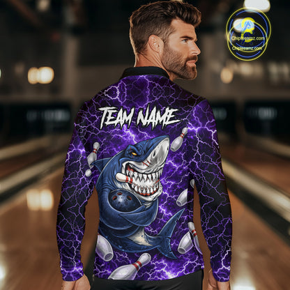 Purple Lightning Thunder Angry Shark Bowling shirts For Men Custom Shark Bowling Team Jerseys NQS11757