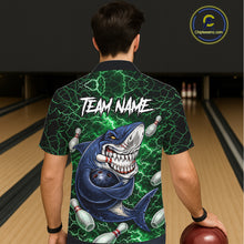 Load image into Gallery viewer, Green Lightning Thunder Angry Shark Bowling button-up shirts Custom Shark Hawaiian Bowling Jersey NQS11758