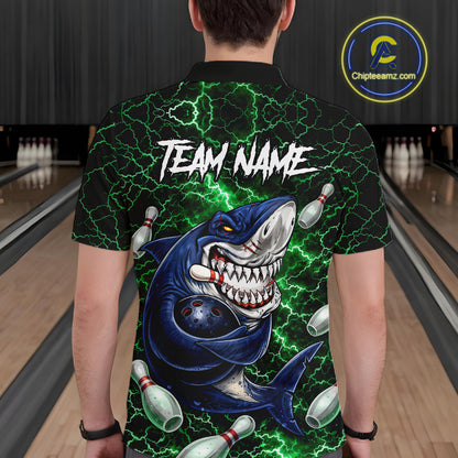 Green Lightning Thunder Angry Shark Bowling shirts For Men Custom Shark Bowling Team Jerseys NQS11758