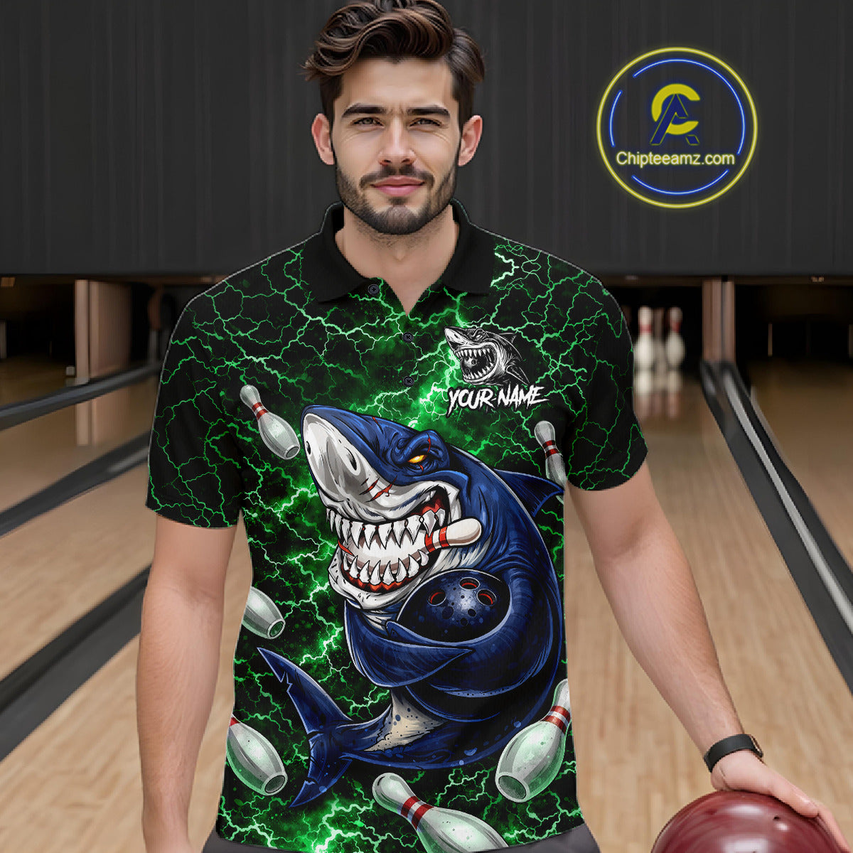 Green Lightning Thunder Angry Shark Bowling shirts For Men Custom Shark Bowling Team Jerseys NQS11758