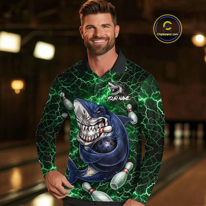 Green Lightning Thunder Angry Shark Bowling shirts For Men Custom Shark Bowling Team Jerseys NQS11758