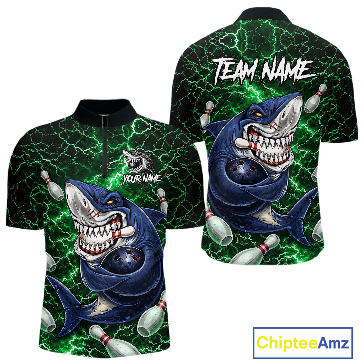 Green Lightning Thunder Angry Shark Bowling shirts For Men Custom Shark Bowling Team Jerseys NQS11758