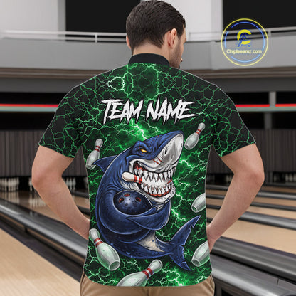 Green Lightning Thunder Angry Shark Bowling shirts For Men Custom Shark Bowling Team Jerseys NQS11758