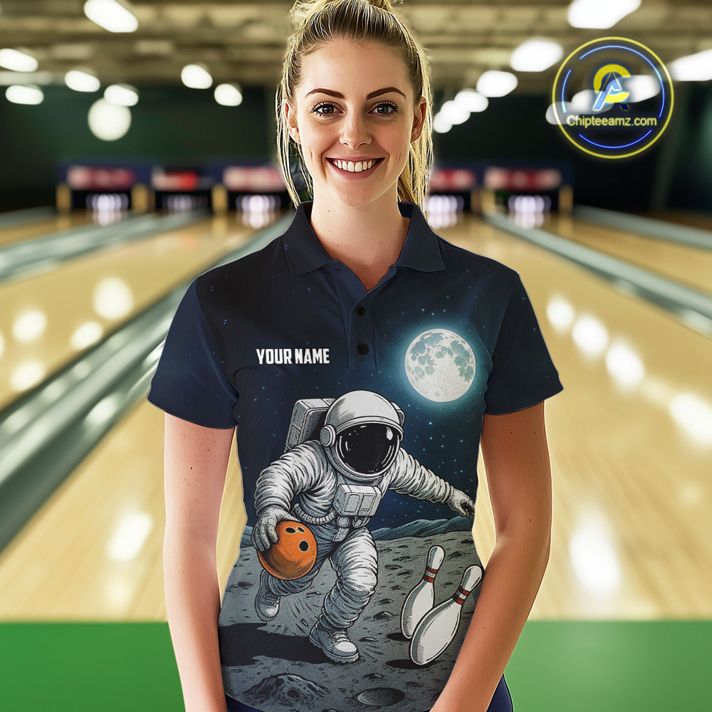 Funny Astronaut Bowling Polo, Quarter Zip Shirt For Women Custom Bowling Team Outfit, Gift For Bowler NQS10694