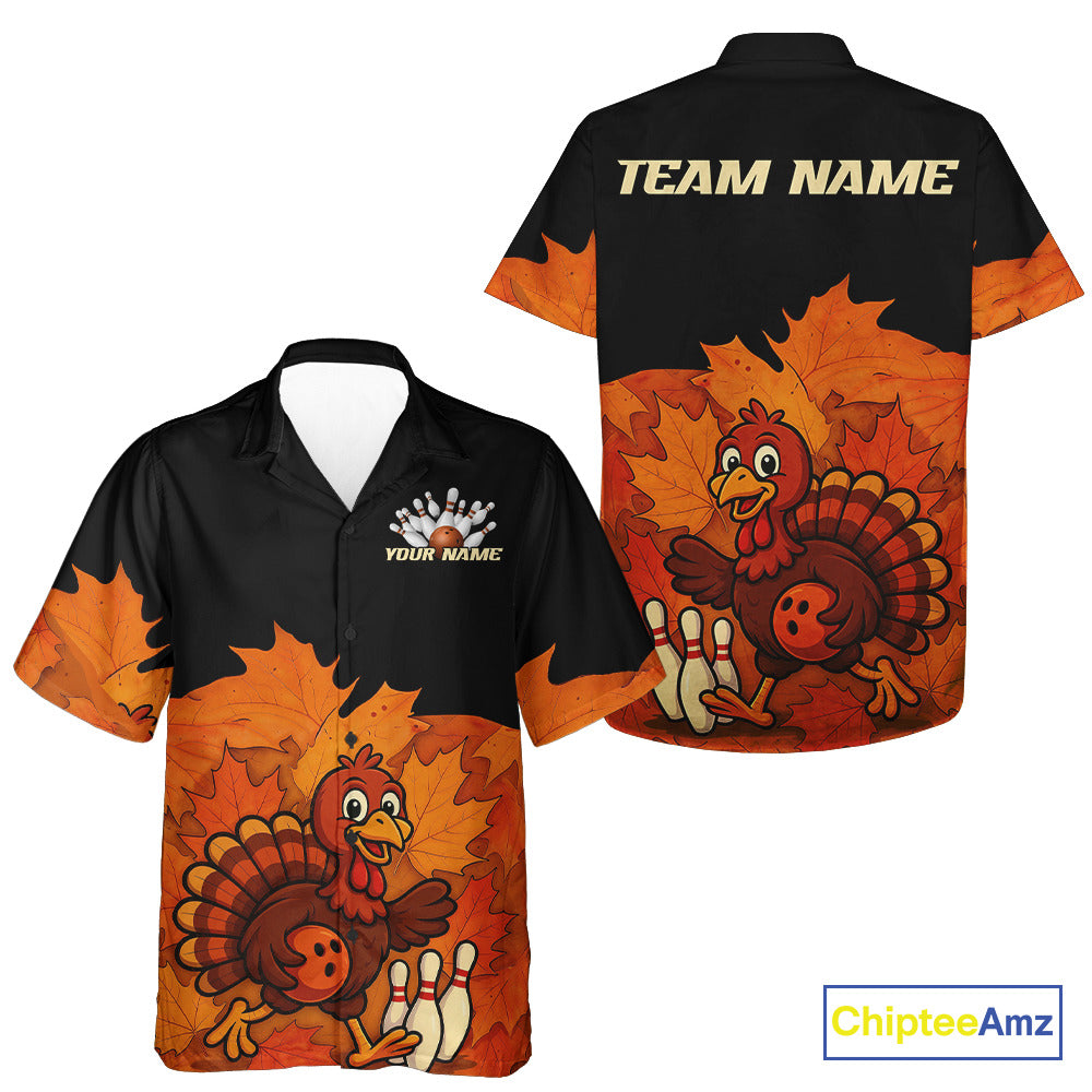 Black and Orange Autumn Leaf Custom Turkey Bowling Hawaiian Shirt, Thanksgiving Bowling Team Jersey NQS10699