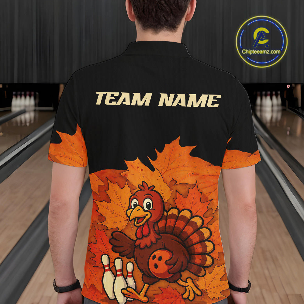 Black and Orange Autumn Leaf Custom Turkey Bowling Shirts For Men, Thanksgiving Bowling Team Jerseys NQS10699