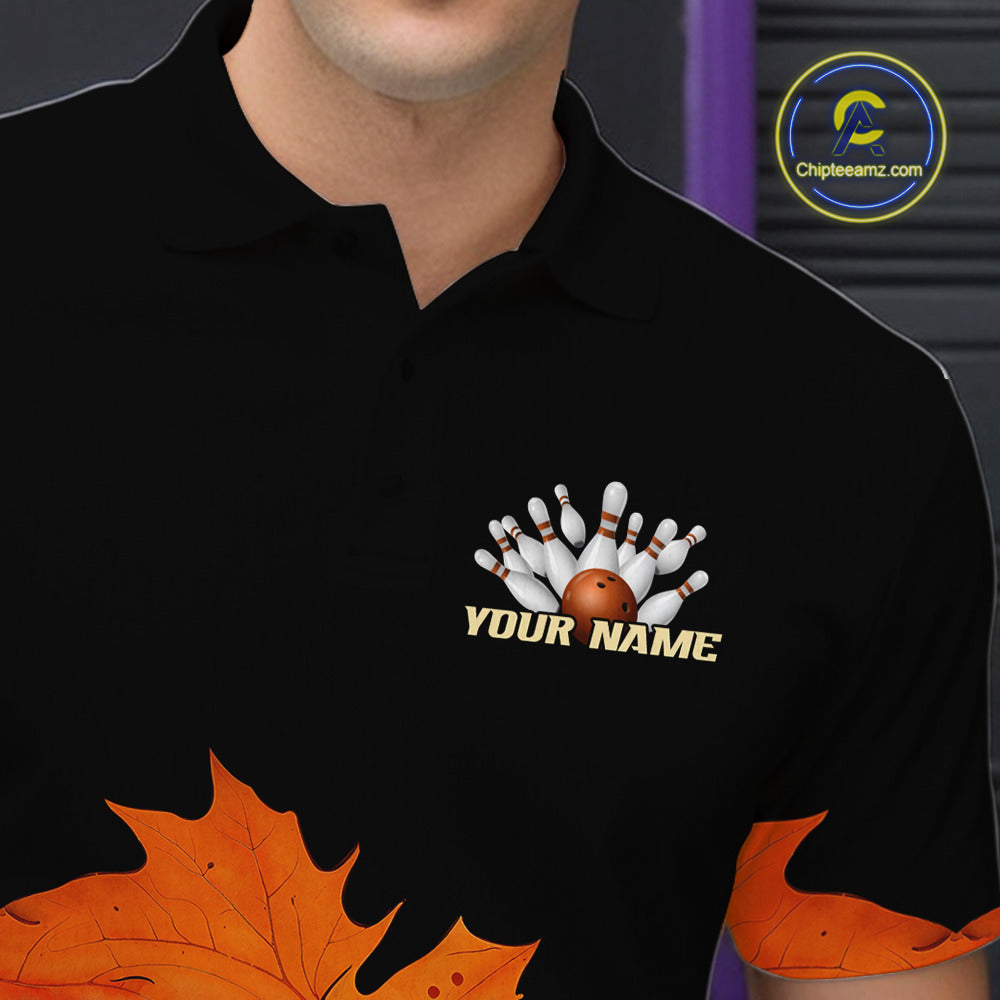 Black and Orange Autumn Leaf Custom Turkey Bowling Shirts For Men, Thanksgiving Bowling Team Jerseys NQS10699