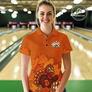 Orange Autumn pattern Custom Turkey Bowling Shirts For Women, Thanksgiving Bowling Team Jerseys NQS10698
