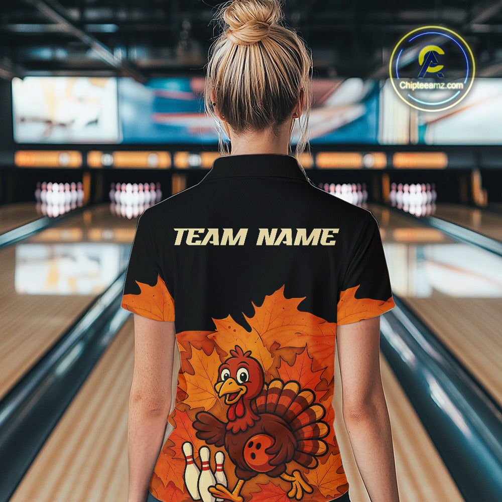 Black and Orange Autumn Leaf Custom Turkey Bowling Shirts For Women, Thanksgiving Bowling Team Jersey NQS10699