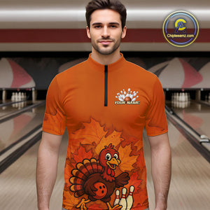 Orange Autumn pattern Custom Turkey Bowling Shirts For Men, Thanksgiving Bowling Team Jerseys NQS10698