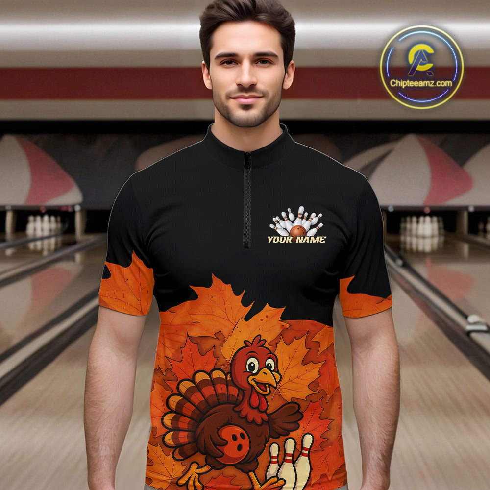 Black and Orange Autumn Leaf Custom Turkey Bowling Shirts For Men, Thanksgiving Bowling Team Jerseys NQS10699