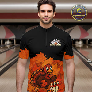 Black and Orange Autumn Leaf Custom Turkey Bowling Shirts For Men, Thanksgiving Bowling Team Jerseys NQS10699