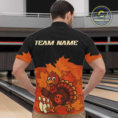Black and Orange Autumn Leaf Custom Turkey Bowling Shirts For Men, Thanksgiving Bowling Team Jerseys NQS10699