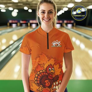 Orange Autumn pattern Custom Turkey Bowling Shirts For Women, Thanksgiving Bowling Team Jerseys NQS10698