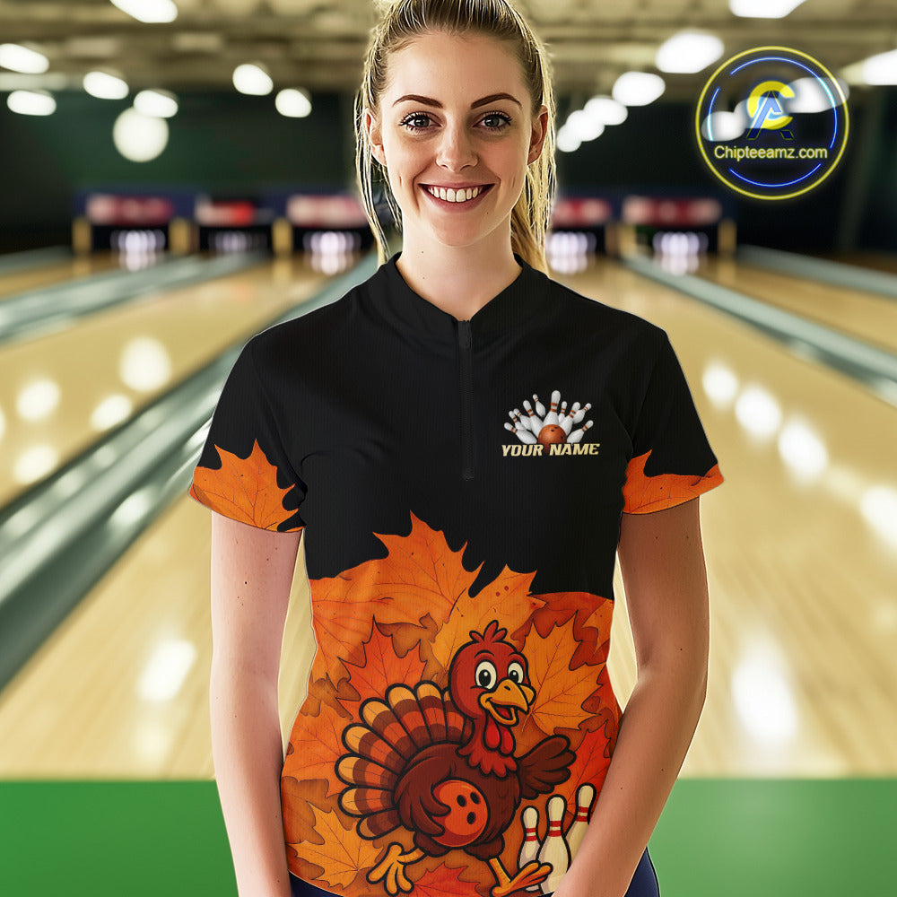 Black and Orange Autumn Leaf Custom Turkey Bowling Shirts For Women, Thanksgiving Bowling Team Jersey NQS10699