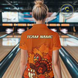 Orange Autumn pattern Custom Turkey Bowling Shirts For Women, Thanksgiving Bowling Team Jerseys NQS10698