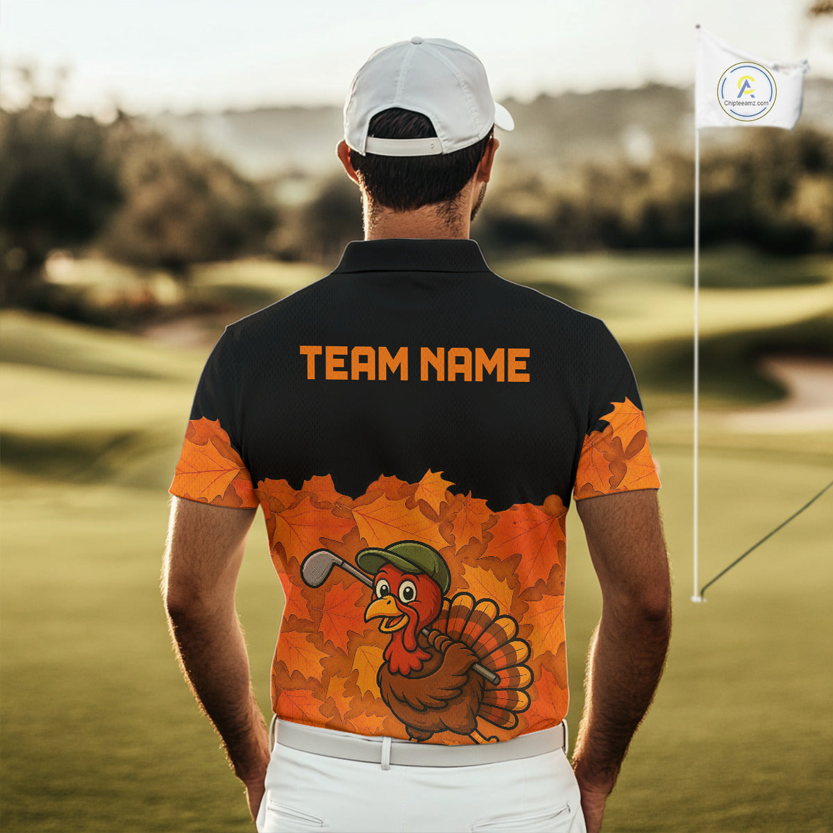 Black and Orange Autumn Leaf Custom Turkey Golf Polo Shirt For Men, Thanksgiving Golf Attire NQS10700