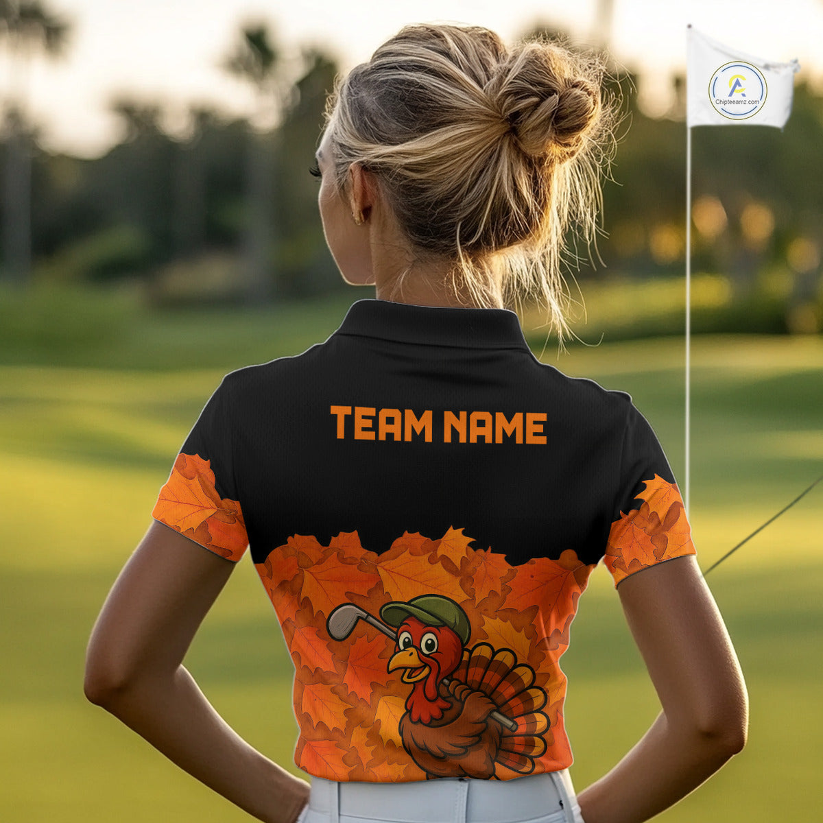 Black and Orange Autumn Leaf Custom Turkey Golf Polo Shirt For Women, Thanksgiving Golf Attire NQS10700