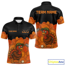 Load image into Gallery viewer, Black and Orange Autumn Leaf Custom Turkey Golf Polo Shirt For Men, Thanksgiving Golf Attire NQS10700