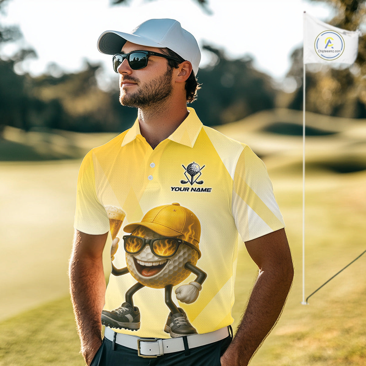 Funny Yellow pattern Golf ball drinking beer Mens Golf Polo Shirt Custom team golf outfits for mens NQS10718