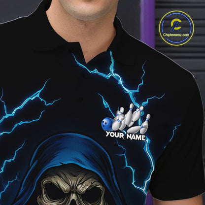 Black and Blue Lightning Thunder Reaper Skull Bowling Shirt For Men Custom Bowling Team League Jersey NQS10728
