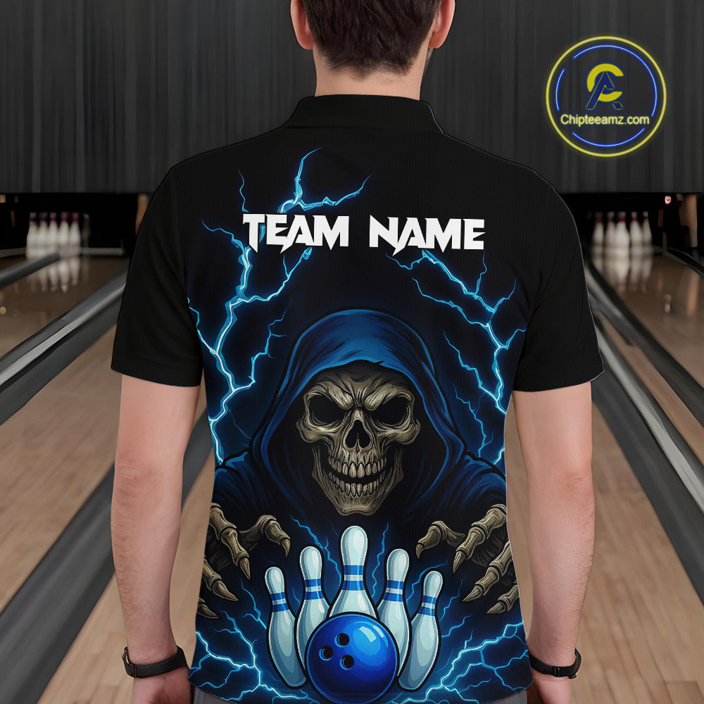Black and Blue Lightning Thunder Reaper Skull Bowling Shirt For Men Custom Bowling Team League Jersey NQS10728