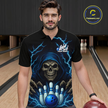 Black and Blue Lightning Thunder Reaper Skull Bowling Shirt For Men Custom Bowling Team League Jersey NQS10728