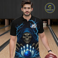 Load image into Gallery viewer, Black and Blue Lightning Thunder Reaper Skull Bowling Shirt For Men Custom Bowling Team League Jersey NQS10728