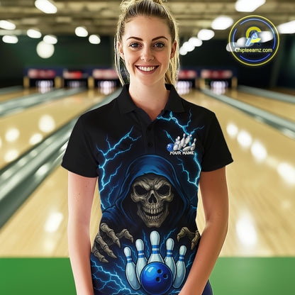 Black and Blue Lightning Thunder Reaper Skull Women Bowling Shirts Custom Bowling Team League Jersey NQS10728