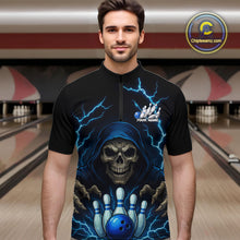 Load image into Gallery viewer, Black and Blue Lightning Thunder Reaper Skull Bowling Shirt For Men Custom Bowling Team League Jersey NQS10728